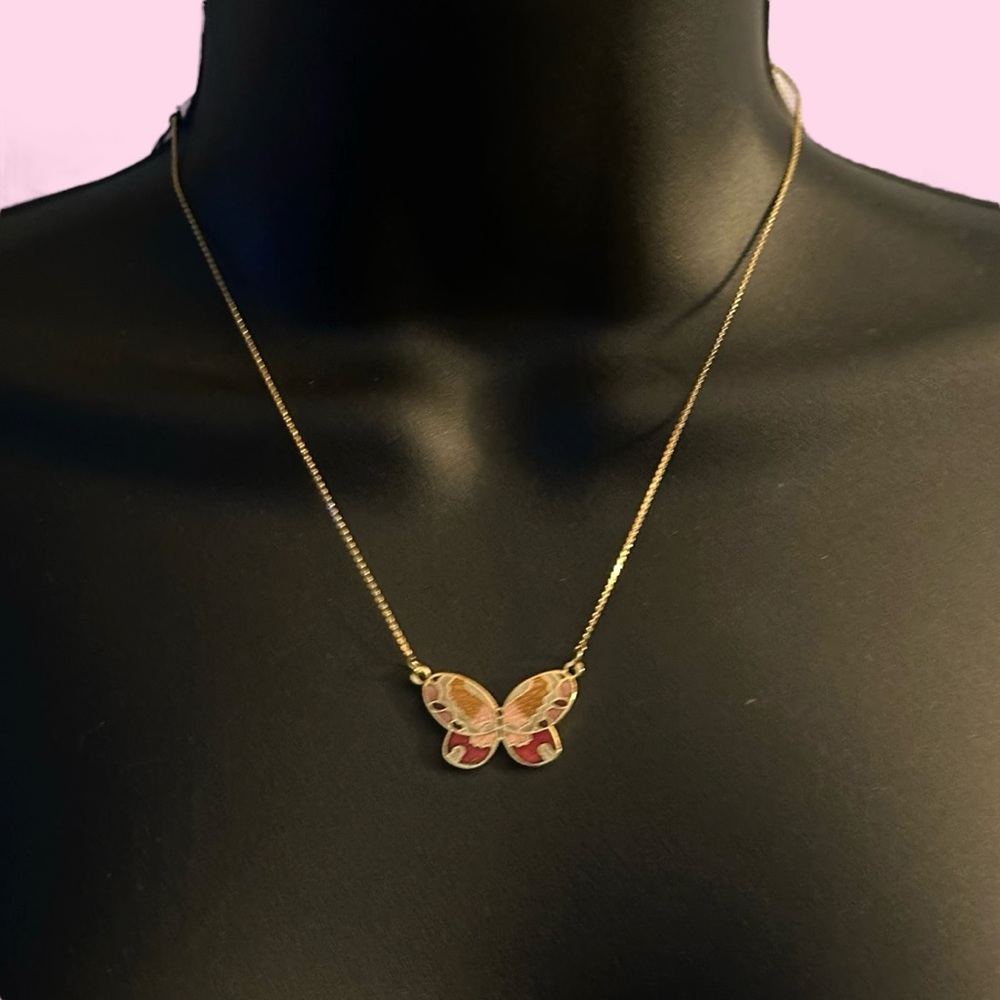 Vintage gold tone cloisonné butterfly necklace